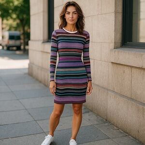 LuLaRoe Women’s Small Multi-Colored Debbie Striped Dress Long Sleeve EUC